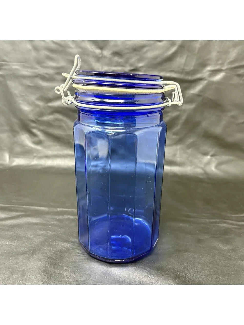 Cobalt Blue Jar Glass Storage Holder With Attached Wire Locking Lid 8” Tall